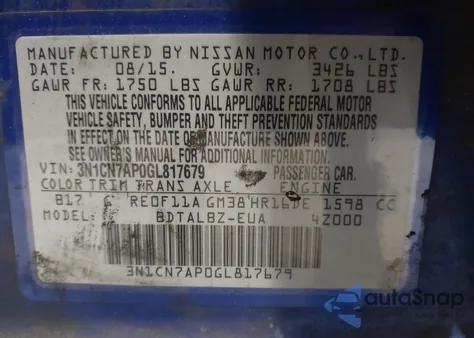 2016 Nissan Versa 1.6 S/1.6 S+/1.6 Sl/1.6 Sv from USA, damaged, VIN 3N1CN7AP0GL817679